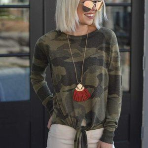 Olivaceous Front-Tie Camo Sweater - Size Small - Brand New with Tags